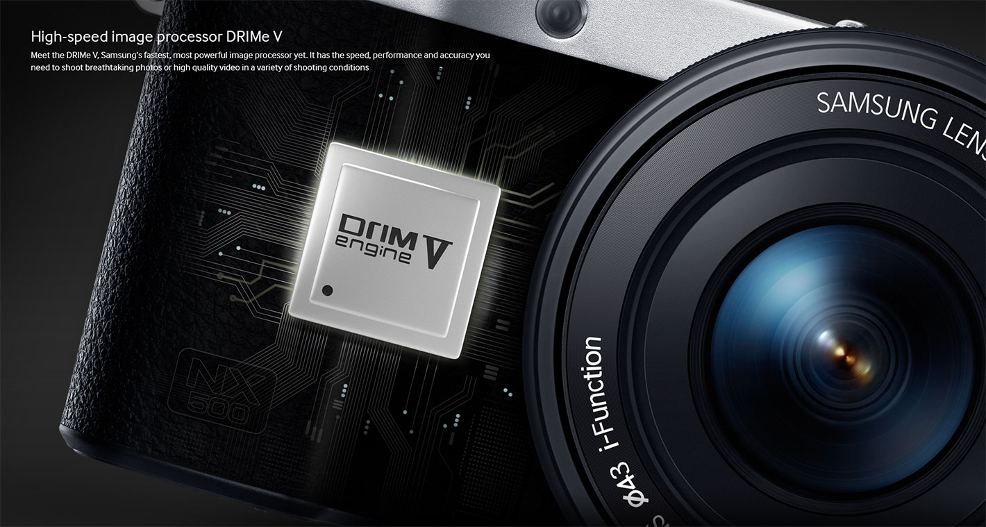 Samsung NX500의 이미지 프로세서인 DRIMe V에 대해 설명하는 디자인 시안